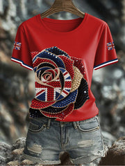 Women's British imitation diamond hot-drilling Printed Iron On Short Sleeve T-Shirt