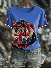 Women's British imitation diamond hot-drilling Printed Iron On Short Sleeve T-Shirt