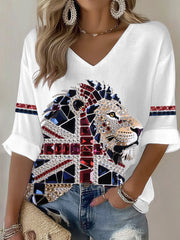 Women's British imitation diamond hot-drilling Printed Casual T-shirt