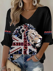 Women's British imitation diamond hot-drilling Printed Casual T-shirt