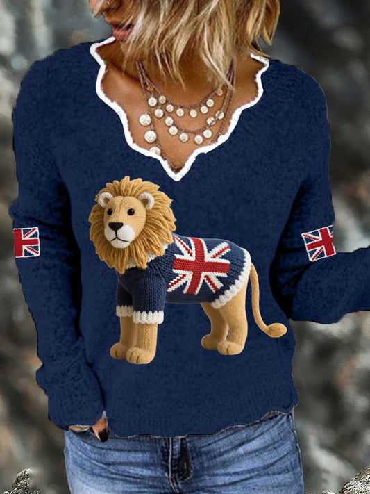 Women's Union Jack Lion Print Casual Long Sleeve Top
