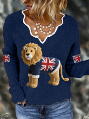 Women's Union Jack Lion Print Casual Long Sleeve Top