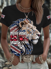 Women's British imitation diamond hot-drilling Printed T-shirt