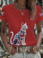 Women's British imitation diamond hot-drilling Printed short-sleeved T-shirt