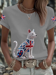 Women's British imitation diamond hot-drilling Printed short-sleeved T-shirt