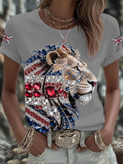 Women's British imitation diamond hot-drilling Printed T-shirt