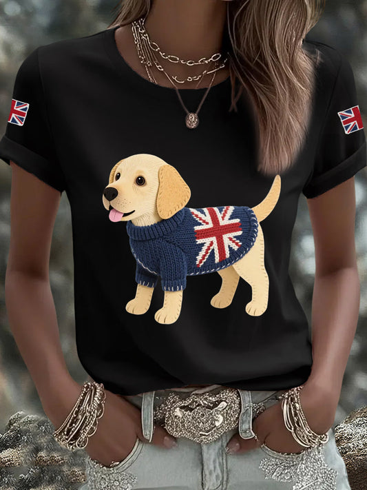 Women's Cute Labrador Union Jack Print Casual Tee