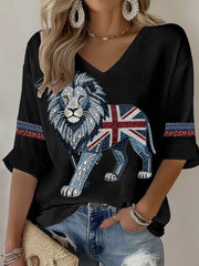 Women's British style imitation denim rhinestone hot-drill Printed Casual T-shirt