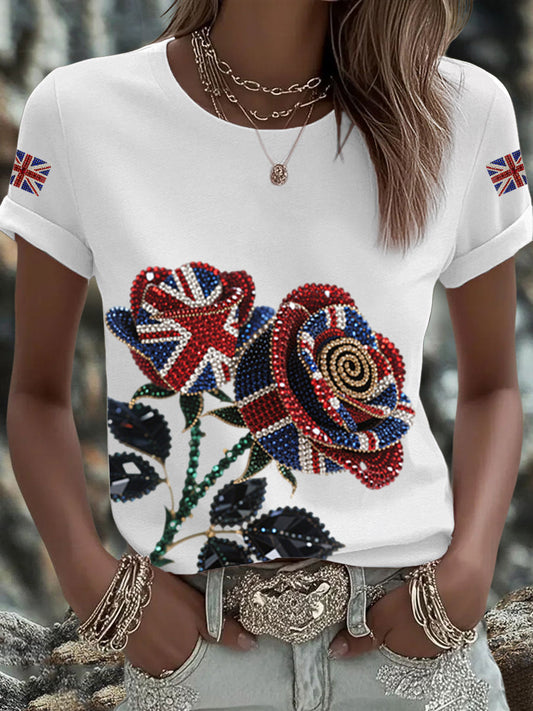 Women's British imitation diamond hot-drilling Printed Iron On Short Sleeve T-Shirt