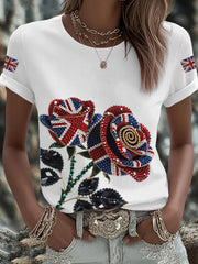 Women's British imitation diamond hot-drilling Printed Iron On Short Sleeve T-Shirt