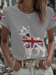 Women's British imitation diamond hot-drilling Printed short-sleeved T-shirt
