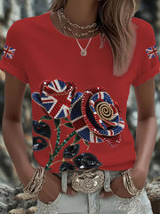 Women's British imitation diamond hot-drilling Printed Iron On Short Sleeve T-Shirt