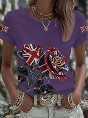 Women's British imitation diamond hot-drilling Printed Iron On Short Sleeve T-Shirt