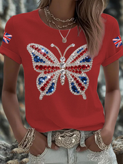 Women's British imitation diamond hot-drilling Printed Iron On Short Sleeve T-Shirt