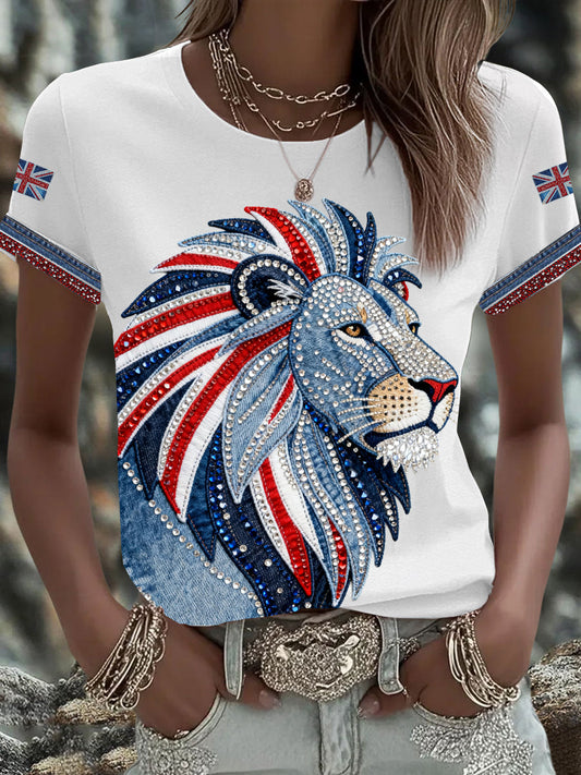 Women's British style imitation denim rhinestone hot-drill Printed Iron On Short Sleeve T-Shirt