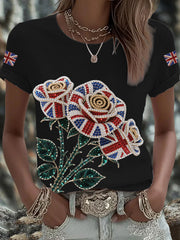 Women's British imitation diamond hot-drilling Printed Iron On Short Sleeve T-Shirt
