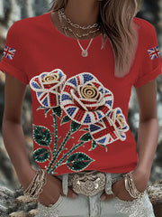 Women's British imitation diamond hot-drilling Printed Iron On Short Sleeve T-Shirt