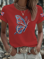 Women's British imitation diamond hot-drilling Printed short-sleeved T-shirt