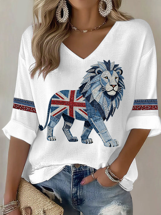 Women's British style imitation denim rhinestone hot-drill Printed Casual T-shirt