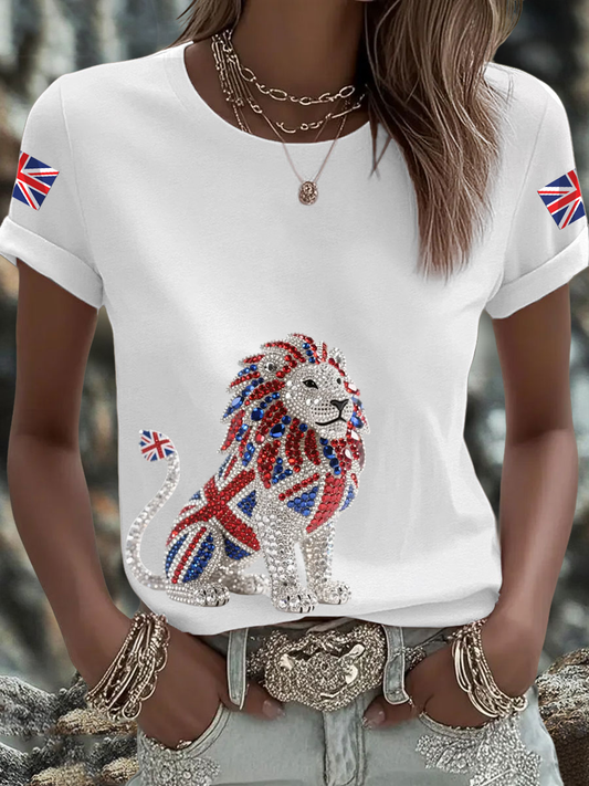Women's British imitation diamond hot-drilling Printed short-sleeved T-shirt
