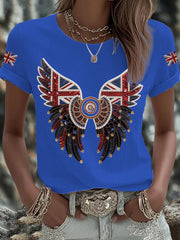 Women's British imitation diamond hot-drilling Printed Iron On Short Sleeve T-Shirt