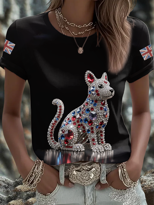 Women's British imitation diamond hot-drilling Printed short-sleeved T-shirt