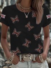 Women's British imitation diamond hot-drilling Printed Iron On Short Sleeve T-Shirt