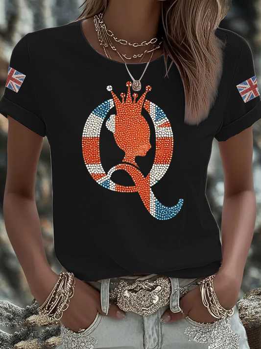Women's British imitation diamond hot-drilling Printed Iron On Short Sleeve T-Shirt