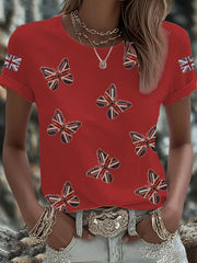 Women's British imitation diamond hot-drilling Printed Iron On Short Sleeve T-Shirt