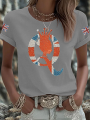 Women's British imitation diamond hot-drilling Printed Iron On Short Sleeve T-Shirt