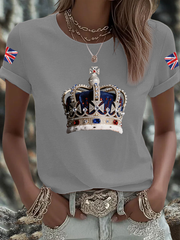 Women's British imitation diamond hot-drilling Printed Iron On Short Sleeve T-Shirt