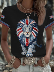 Women's British style imitation denim rhinestone hot-drill Printed Iron On Short Sleeve T-Shirt