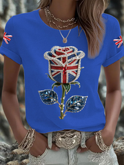 Women's British imitation diamond hot-drilling Printed Iron On Short Sleeve T-Shirt