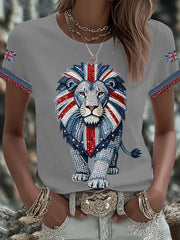 Women's British style imitation denim rhinestone hot-drill Printed Iron On Short Sleeve T-Shirt