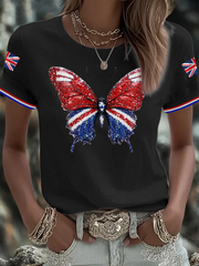 Women's British imitation diamond hot-drilling Printed short-sleeved T-shirt