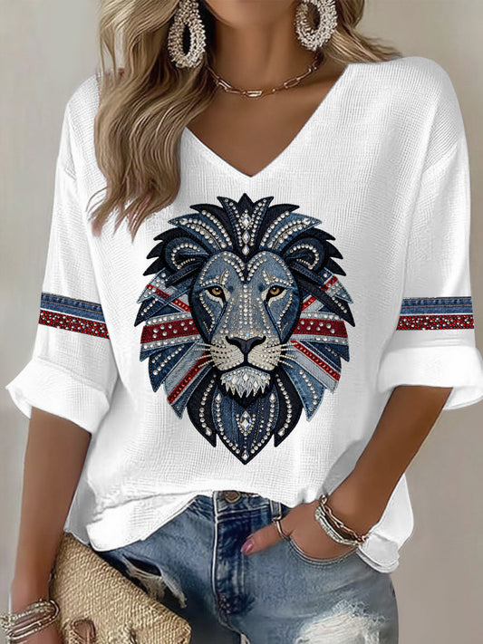 Women's British style imitation denim rhinestone hot-drill Printed Casual T-shirt