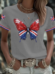 Women's British imitation diamond hot-drilling Printed short-sleeved T-shirt