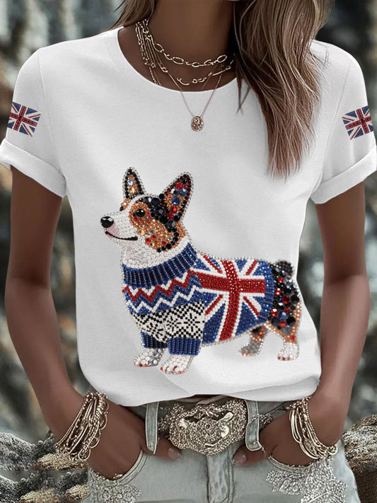 Women's UK Flag Corgi Printed T-shirt