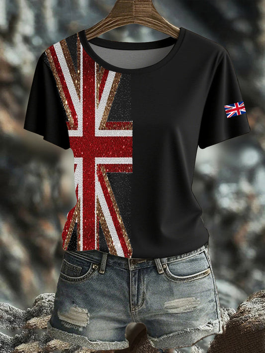 Women's British imitation diamond hot-drilling Printed short-sleeved T-shirt