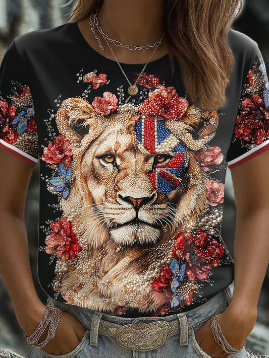 Women's UK Flag Lioness Art Printed T-shirt