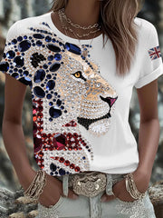Women's British imitation diamond hot-drilling Printed Iron On Short Sleeve T-Shirt