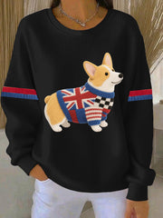 Women's British Faux Felt Corgi Print Casual Sweatshirt