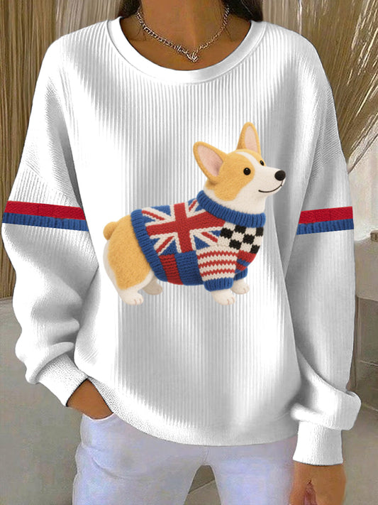 Women's British Faux Felt Corgi Print Casual Sweatshirt