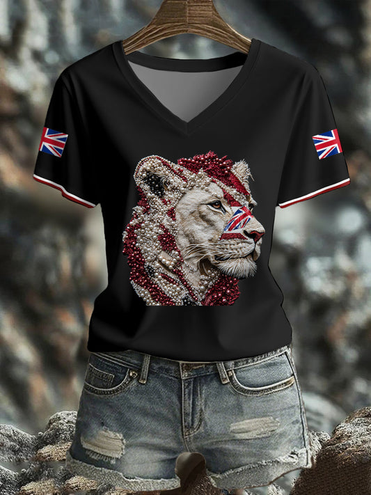 Women's UK Flag Lioness Art Printed T-shirt
