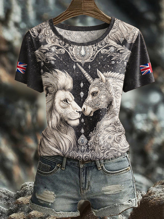 Women's Retro Lion Unicorn UK Flag Printed T-Shirt
