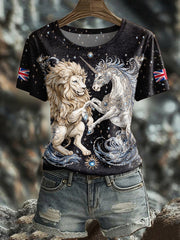 Women's Retro Lion Unicorn UK Flag Printed T-Shirt