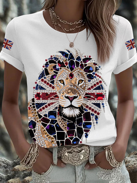 Women's British imitation diamond hot-drilling Printed Iron On Short Sleeve T-Shirt