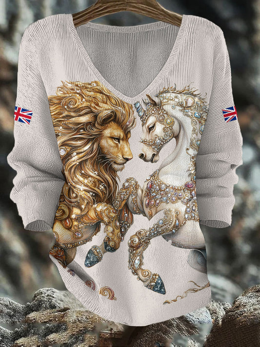 Women's Retro Lion Unicorn UK Flag Printed Tops
