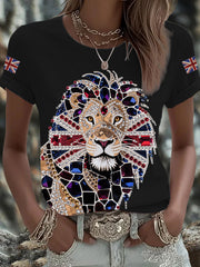 Women's British imitation diamond hot-drilling Printed Iron On Short Sleeve T-Shirt