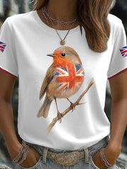 Women's UK Flag Art Robin Watercolor Printed T-shirt